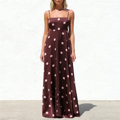 Front view of a polka dot satin maxi dress
