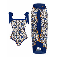 Floral print bikini set with tie straps and a matching wrap sarong.