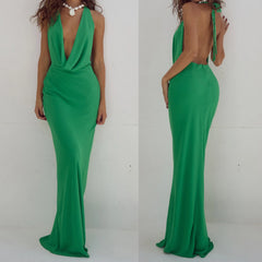 Green evening gown displayed from front and back on a white background