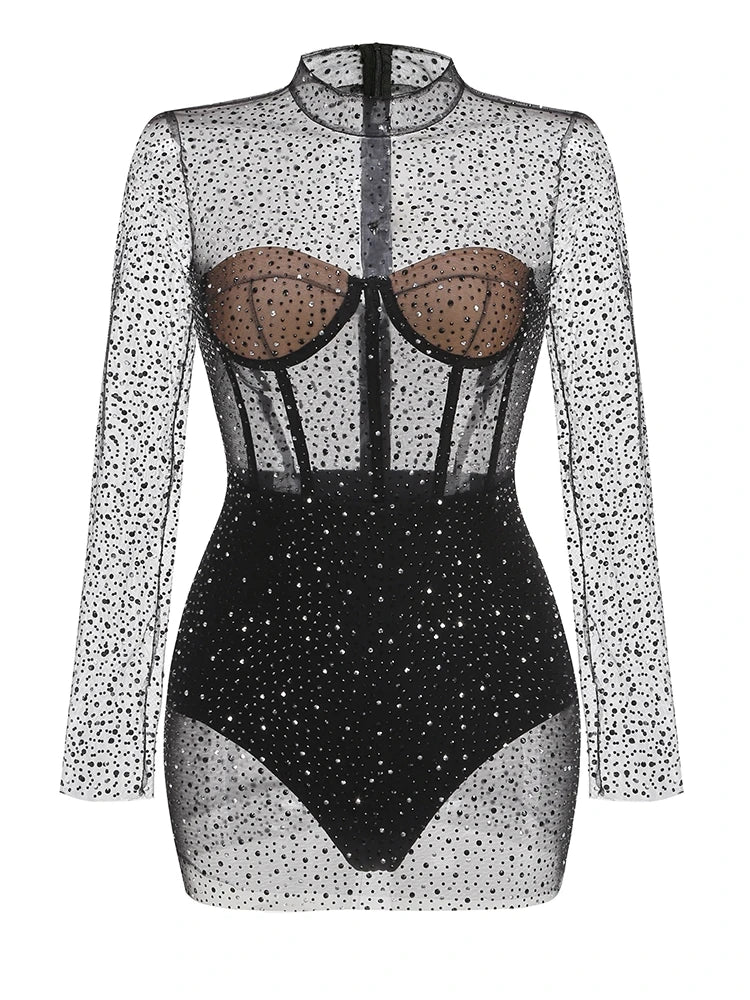 Black bodysuit with sheer long sleeves and rhinestone embellishments on a white background