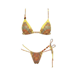 Print Embellished Bikini and Wrap Skirt Set