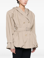 Belted hooded double-breasted coat with puff sleeves and hood detail