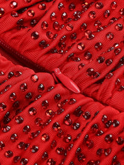 Red Mesh Ruched Rhinestone Gown with Sculpted Column Shape