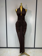 Halter neck ruched knit ankle-length dress