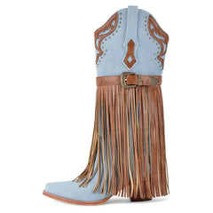 Denim Fringe Chunky Heel Boots