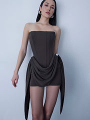 Strapless Draped Metal Ring Waist Dress