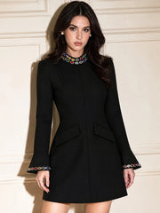 Crystal embellished stand neck mini dress