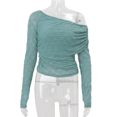 Teal off-shoulder long-sleeve top on a mannequin against a white background