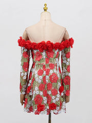 Dress with floral design on a mannequin against a white background