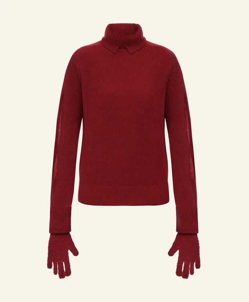 Red sweater with matching gloves on a light beige background