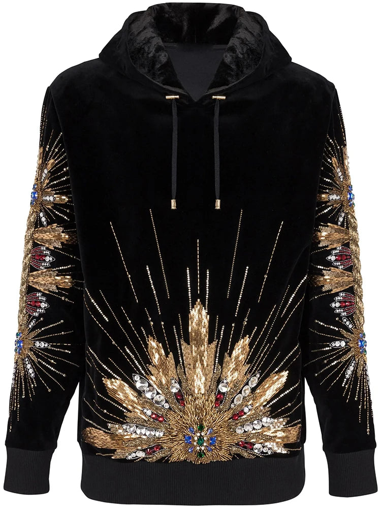 Black velvet hoodie with gold sequin and beaded sunburst embellishment on the front and sleeves.