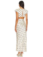 Satin Polka Dot Cap Sleeve Maxi Dress