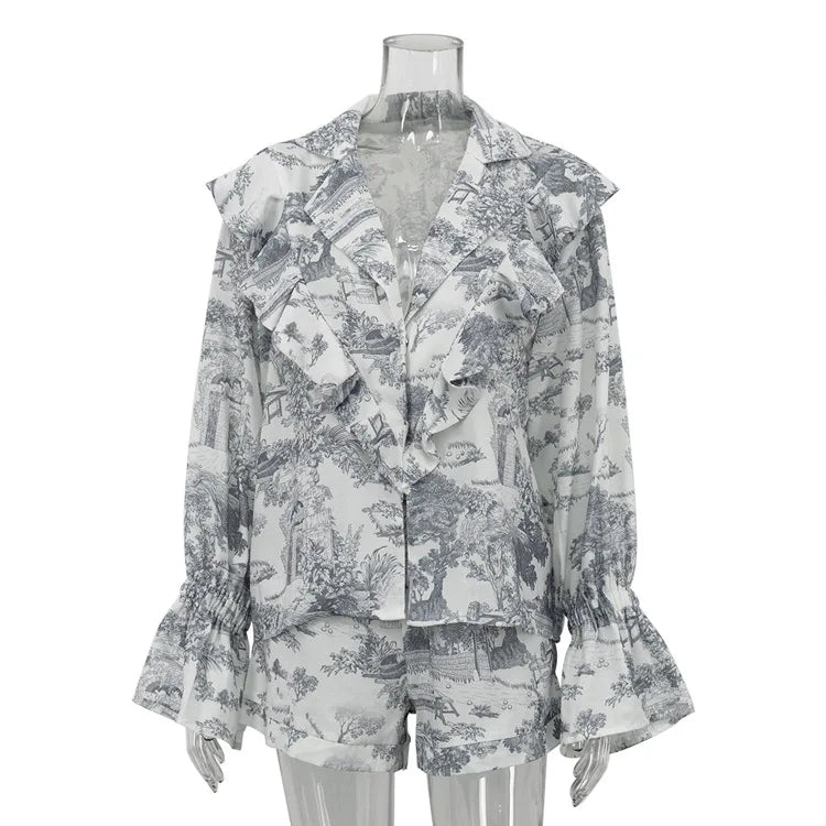 Floral patterned blouse on a mannequin against a white background