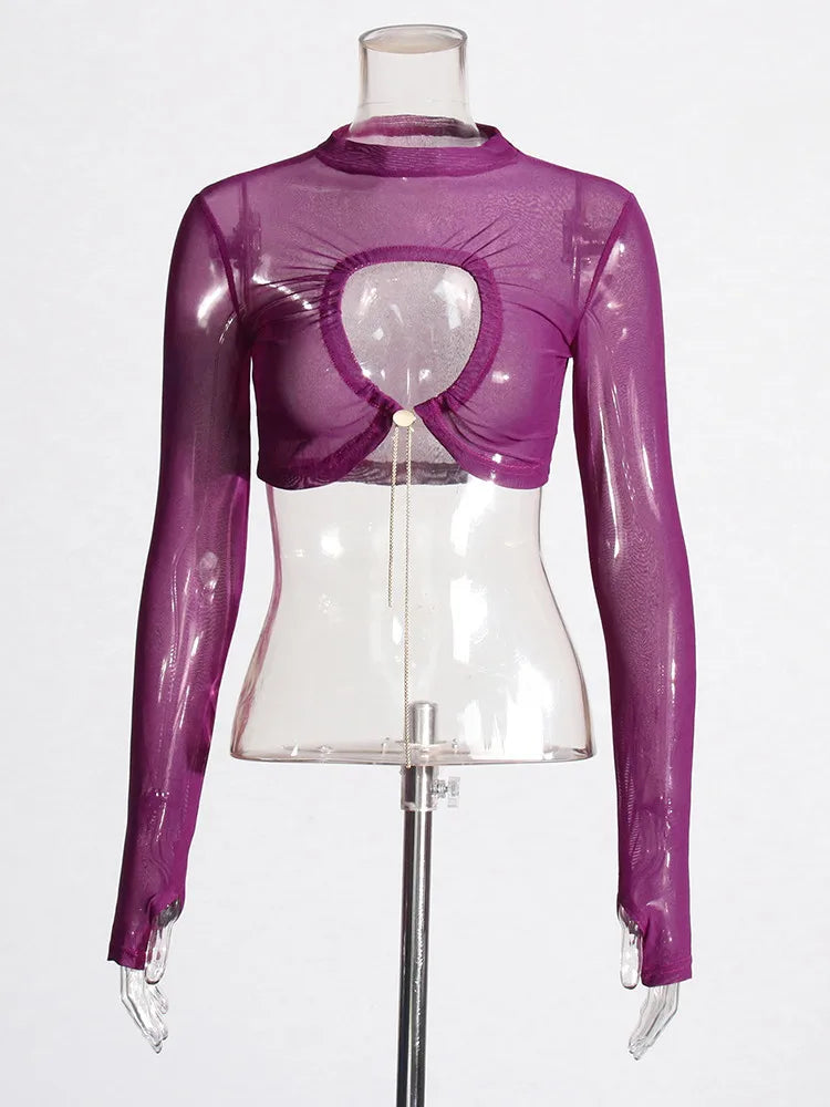 Purple sheer long-sleeve top on a mannequin against a white background