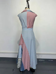 Blue Collar Patchwork Stripe V Neck Maxi Dress