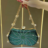 Green sunburst beaded clutch bag with crystal chain