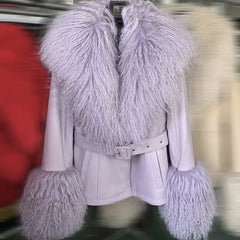 Light purple fur-trimmed coat with a belt on a hanger against a blurred background.