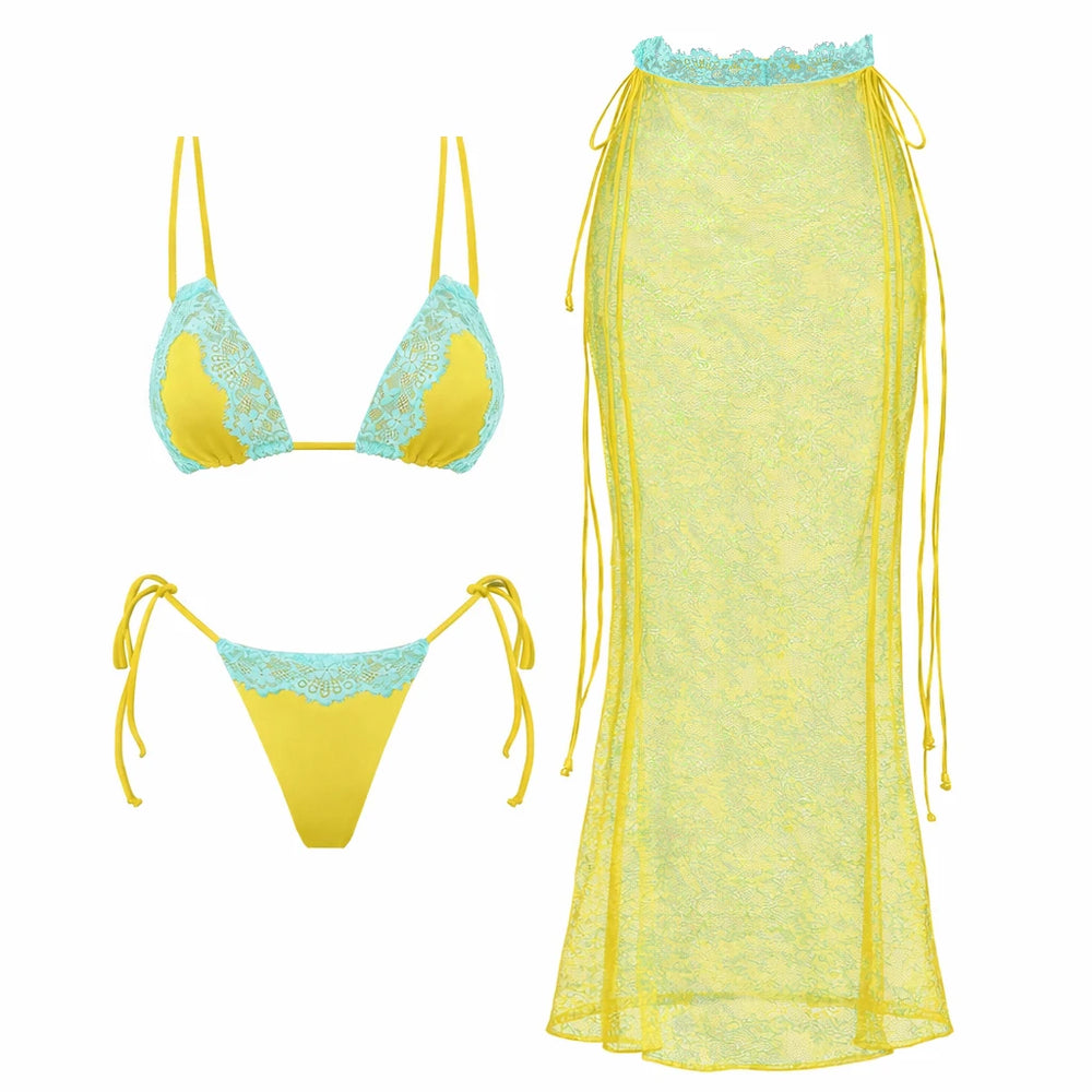 Yellow and light blue lace two-piece swimwear set