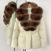 White puffer coat with brown fur collar