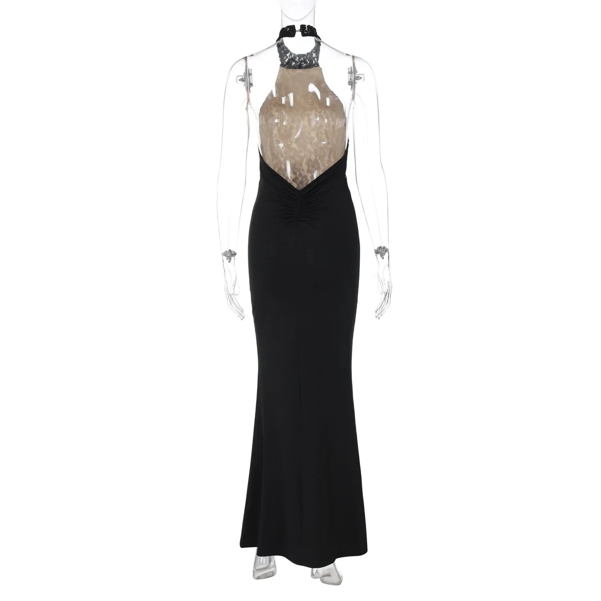 Black evening gown with a beige sequined top on a mannequin against a white background
