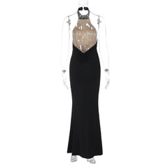 Black evening gown with a beige sequined top on a mannequin against a white background