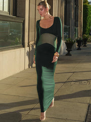 Mesh Patchwork Long Sleeve Maxi Dress