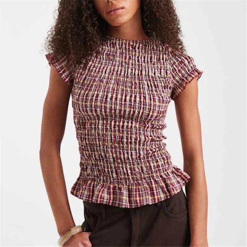 Red and cream plaid smocked peplum top with ruffled sleeves
