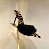 Mule heel with leopard print upper and black fur trim