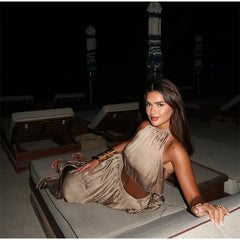 Golden High Neck Crop Top and Maxi Skirt Set