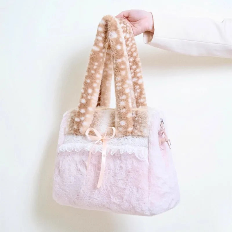 Plush lace bow shoulder bag showing side detail