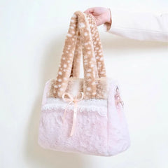 Plush lace bow shoulder bag showing side detail