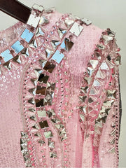 Pink O-Neck Sequin Embellished Long Sleeve Maxi Dress