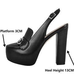 Side view of black platform slingback block heel sandals with measurement callouts