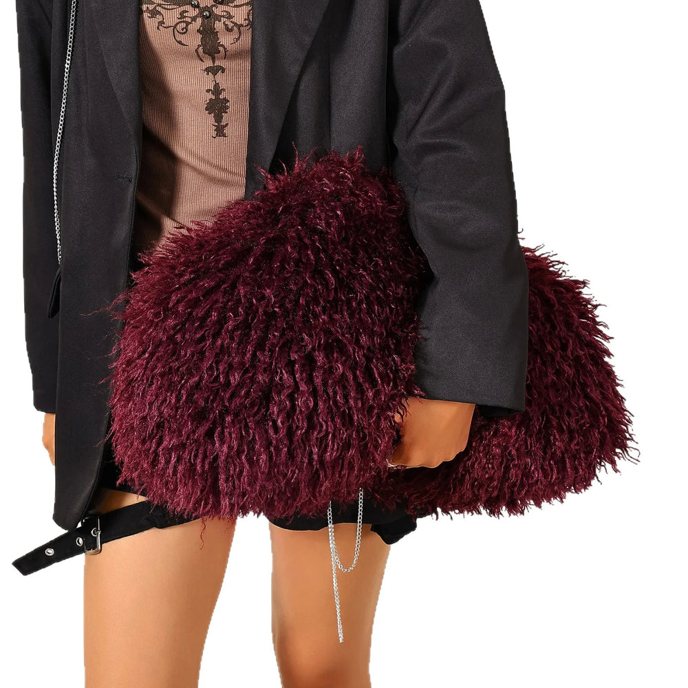 Burgundy fluffy textured clutch bag