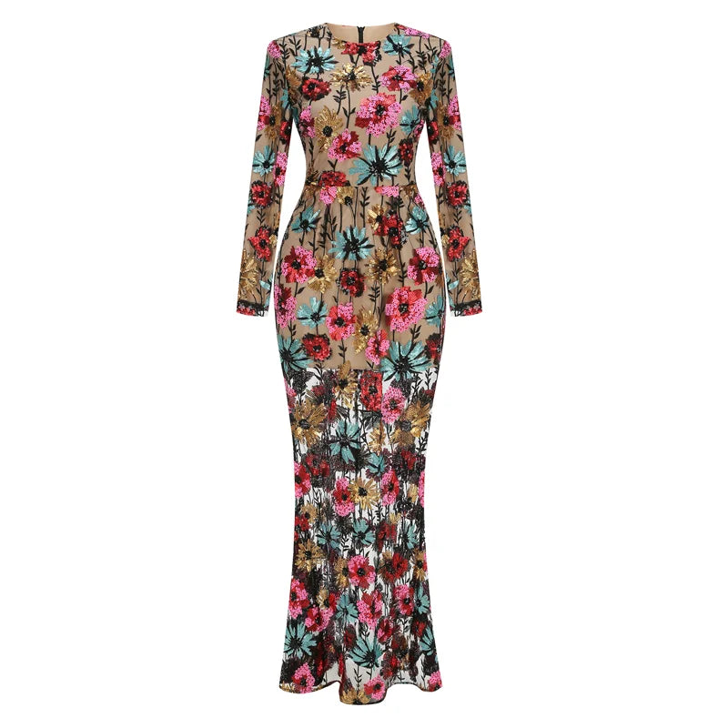 Floral embroidered mesh trumpet dress detail view
