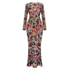 Floral embroidered mesh trumpet dress detail view