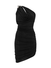 Black one-shoulder dress on a white background