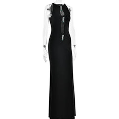 Black Hollow Out Pearl Tassel Maxi Bodycon Dress - Club & Party Wear