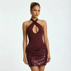 Cross Neck Ruched Sequin Mini Dress