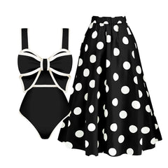 Bow Detail Polka Dot Tankini Swimsuit with Skirt