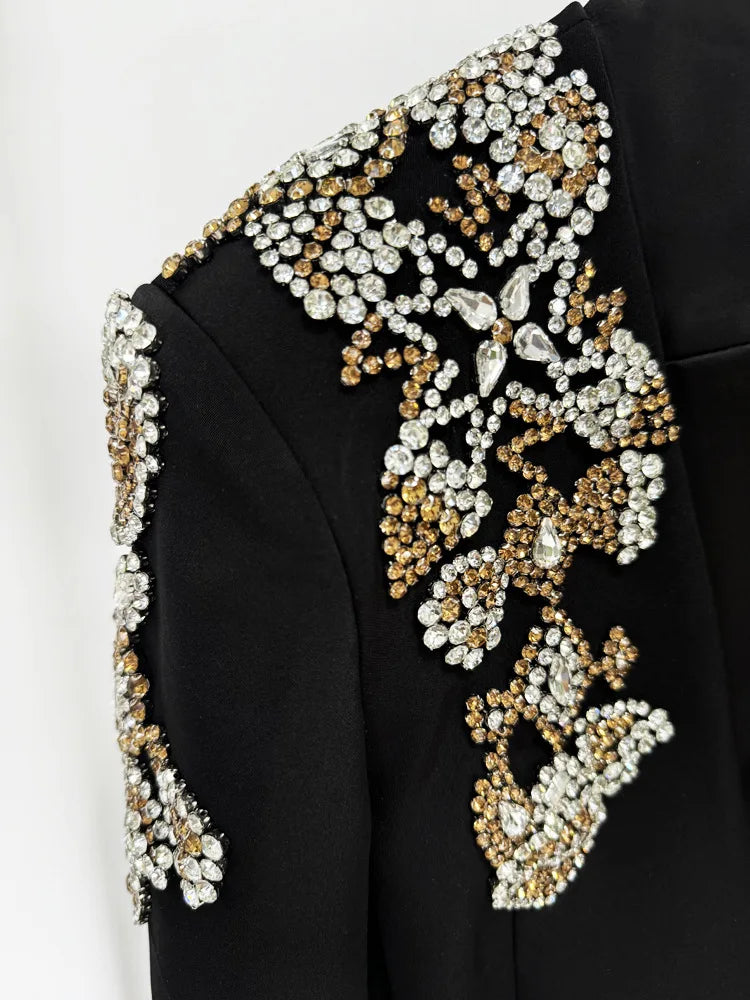 Close-up of embellishments on the blazer shoulder