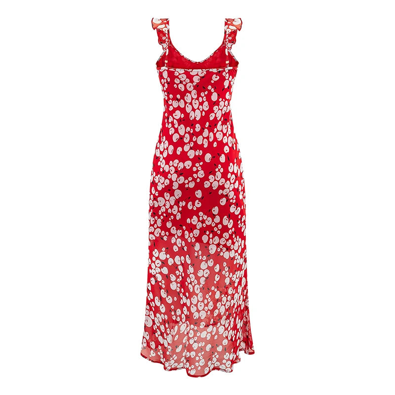 Back view of red ruffled V-neck sleeveless A-line midi dress