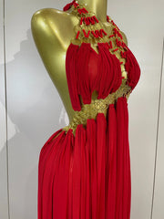 Gold Trim Halter Neck Maxi Dress