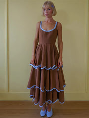 Tiered Contrast Seam Ruffle Trim Sleeveless Maxi Dress