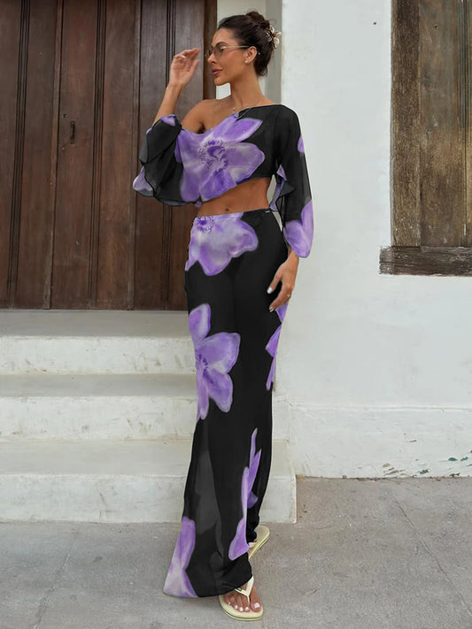 Floral print one-shoulder crop top and flowing maxi skirt set