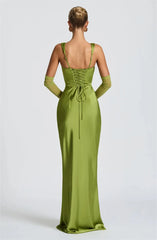 Green evening gown with open back