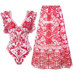 V-Neck Tie-Strap Swimsuit and Wrap Skirt Set