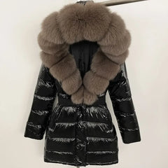 Black puffer coat with large fur collar