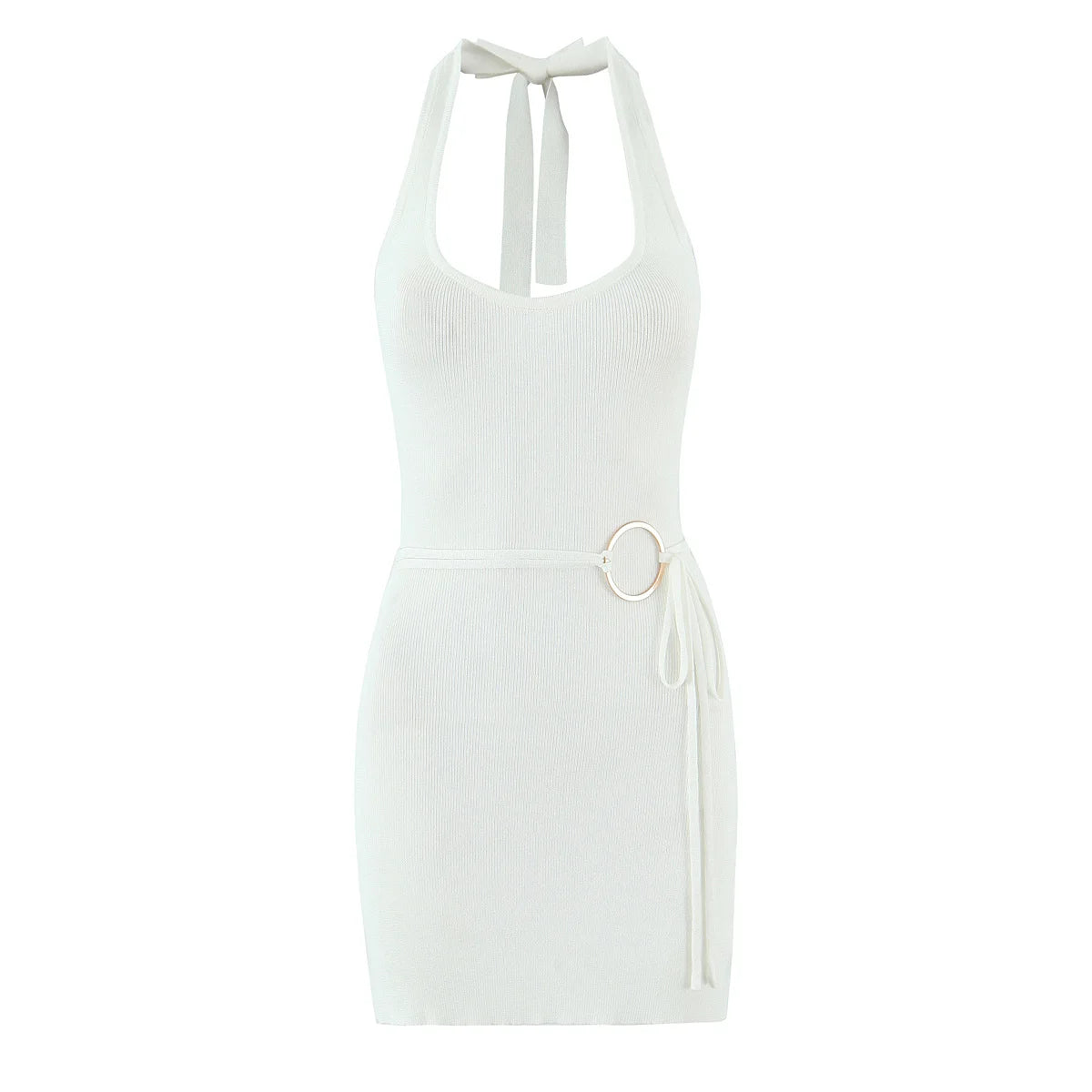 White halter neck dress with a belt on a white background