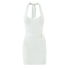 White halter neck dress with a belt on a white background